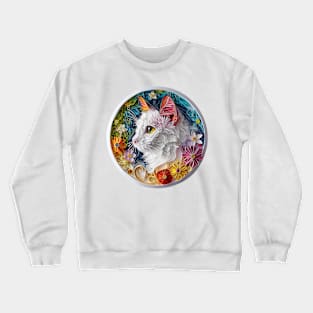 Purr-fectly Quilled: Elegant White Cat Portrait in Kirigami Crewneck Sweatshirt